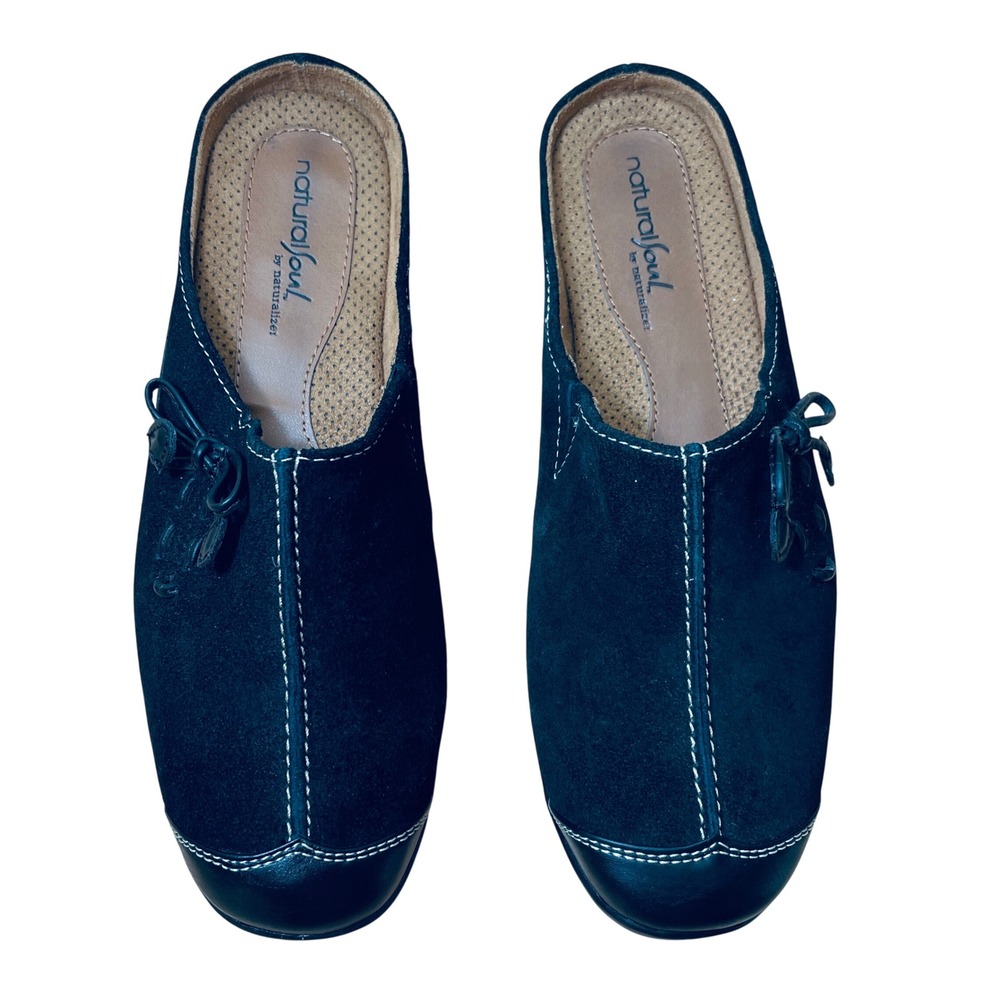 Natural Soul by Naturalizer Womens 7.5 M Black Suede Mules Slip On Clogs‎